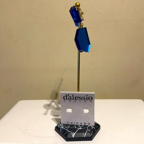 Vintage Dalessio Design Chicago Blue Plastic Crystal Dangle Earrings Clip on 80s - Picture 5 of 9